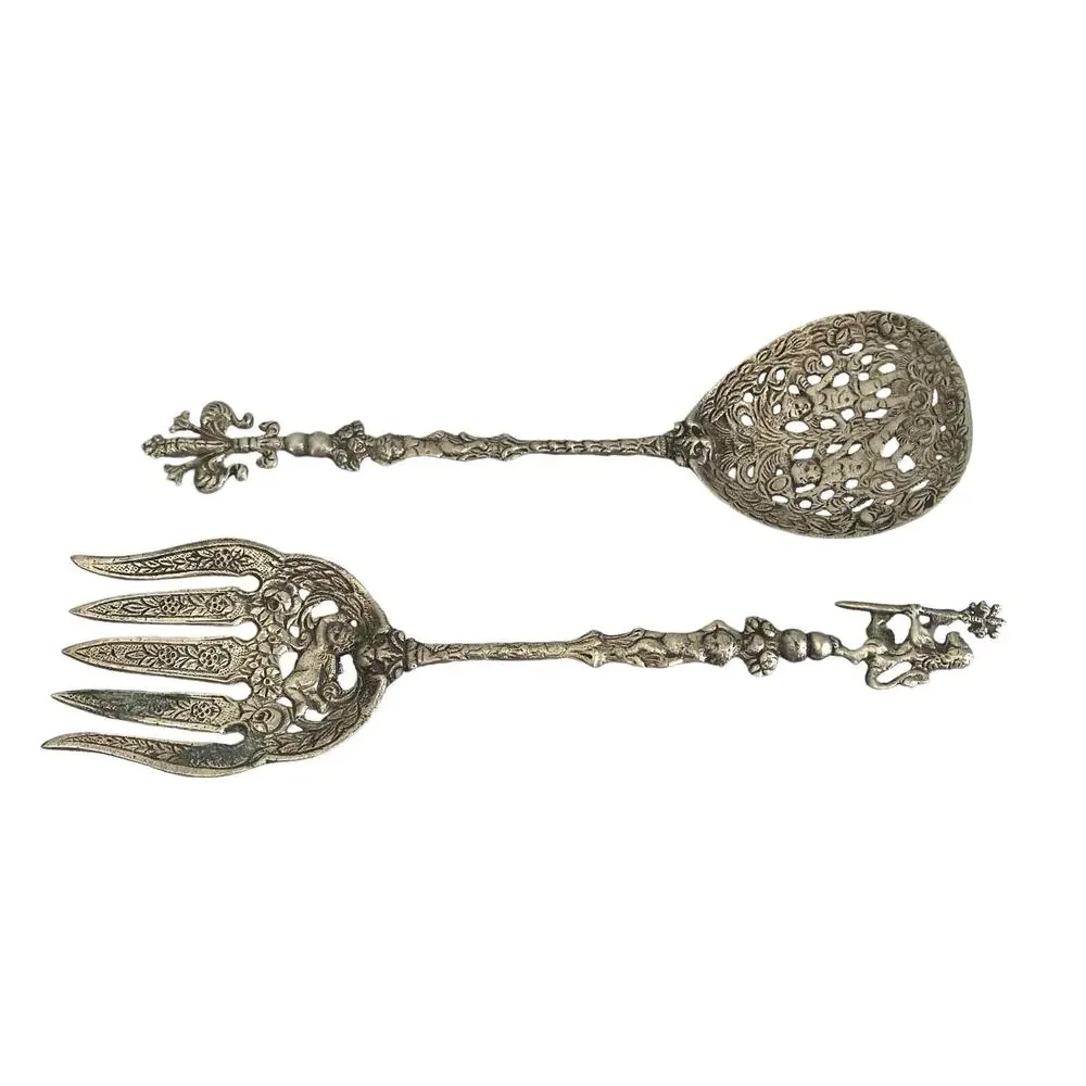 Ugo Bellini Set Of 2 Italian Ornate Metal Serving Fork Spoon Baroque Cherub Lion